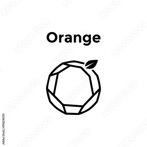 Orange fruit icon with leaf detail and geometric line pattern for citrus juice and fresh fruit branding.