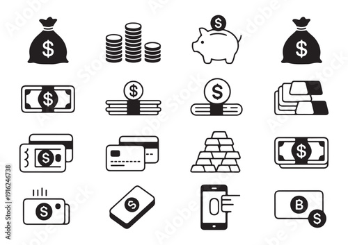 Comprehensive finance icons featuring bitcoin symbol gold bars credit cards and digital wallet apps