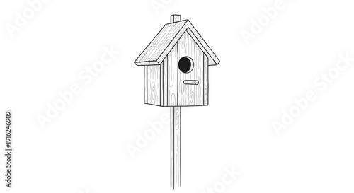 Hand Drawn Sketch of a Wooden Birdhouse on a Pole