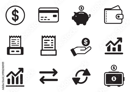Financial transaction and accounting icons showing receipts exchange arrows wallets and profit graphs