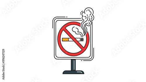 Prohibited smoking sign with a crossed out cigarette and smoke clouds emphasizes health regulations, indoor air quality, and tobacco control measures.