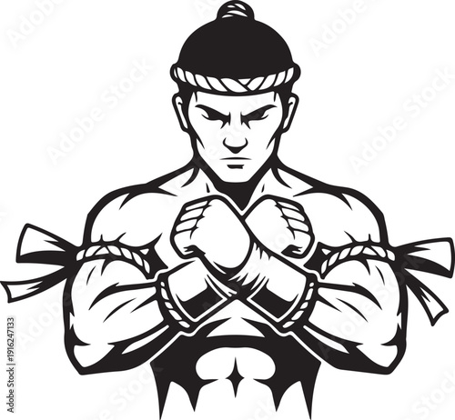 Black and white of a muscular man in a fighting stance with a headband