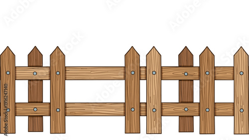Classic wooden picket fence design provides a boundary for garden or residential property and symbolizes security, home privacy, and rustic charm.