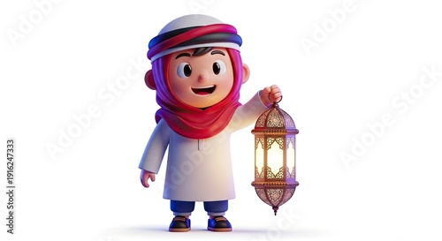 Child in traditional arab headdress holding ornate ramadan lantern 3d