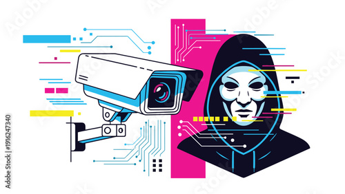 Surveillance camera monitoring a digital hacker wearing a mask and hood represents cybersecurity, data protection, and privacy defense concepts.