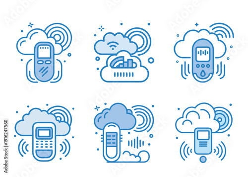 Stylized Illustration of Cloud Computing Connectivity with Mobile Devices in Blue