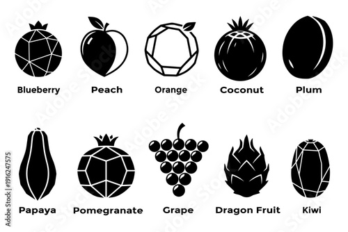 Tropical and garden fruit collection set with geometric black silhouette style for healthy food icon.