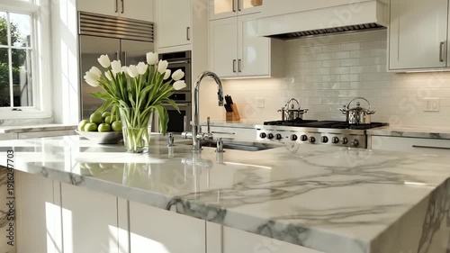 A beautiful modern light white kitchen. 4k resolution video 30fps.
