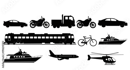 Collection of diverse transportation vehicle silhouettes.