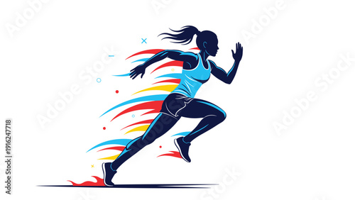 Silhouette of a woman running with vibrant colorful trails behind her illustrates agility, power, and the dynamic energy of professional athletics.