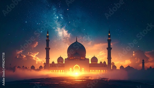 Serene mosque silhouette at dusk during Ramadhan under starry night sky with vibrant twilight hues
