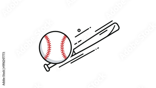 Baseball and wooden bat shown in a dynamic motion with speed lines represent the action and excitement of a professional baseball match.