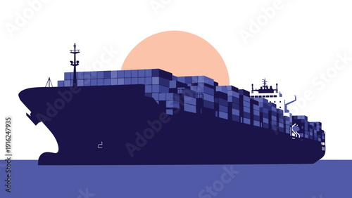 Large container cargo ship sailing on the sea with a setting sun background symbolizes global trade, maritime transport, and logistics industries.