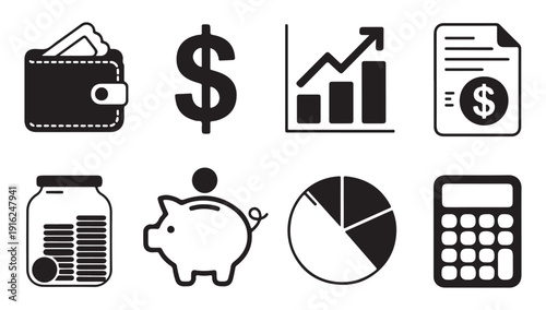 Set of financial icons including wallet, dollar, graph, document, money jar, piggy bank and pie chart
