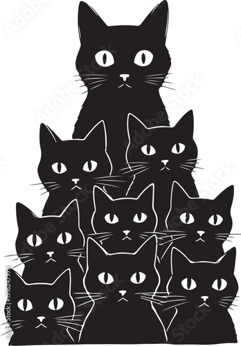 Nine Black Cats Stacked in Pyramid Formation silhouette