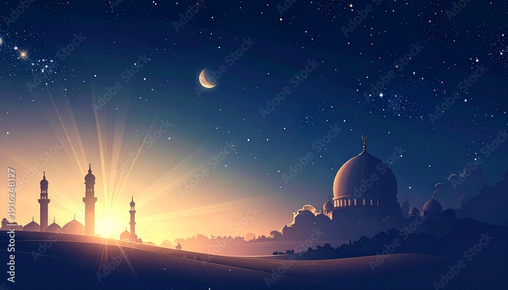 Obraz premium Serene Mosque Silhouette at Dawn during Ramadhan with Crescent Moon and Stars in the Night Sky