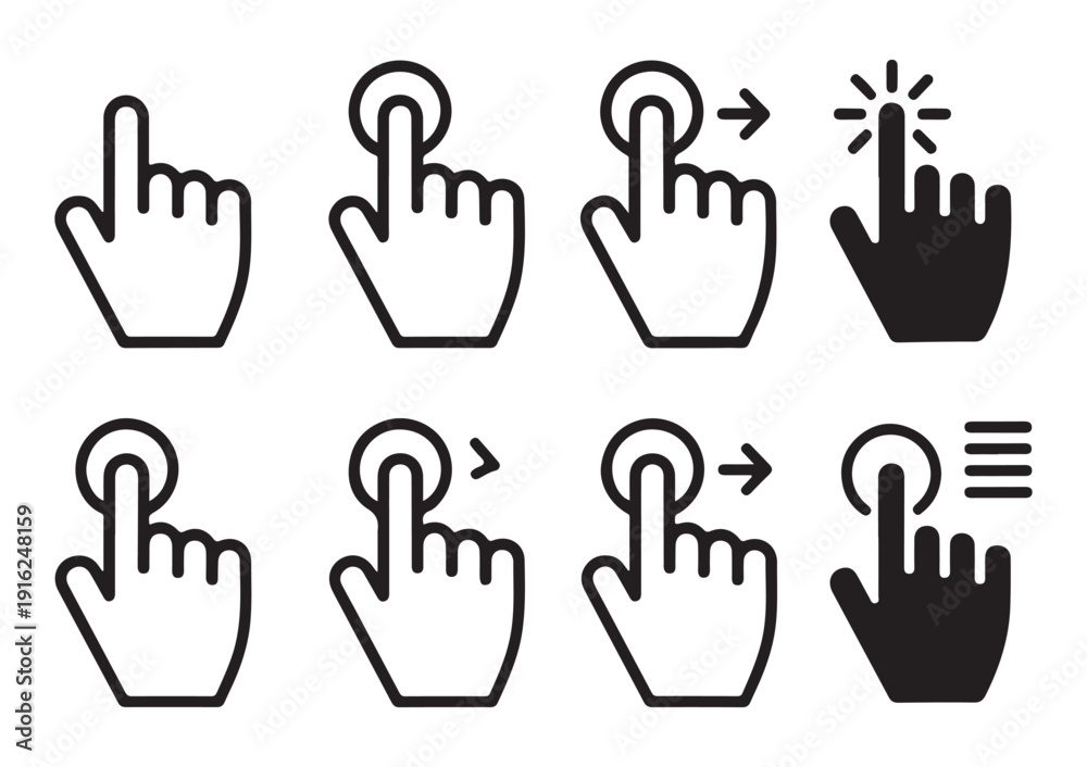 Obraz premium Collection of 8 hand icons in black and white showing touch gestures and screen interaction on white