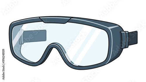 Dark blue safety goggles with clear lenses provide a symbol for eye protection in science laboratories, construction sites, and medical environments.