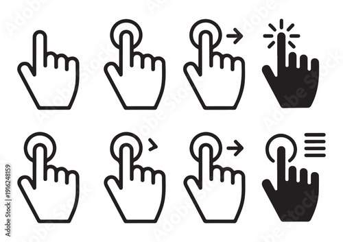 Collection of 8 hand icons in black and white showing touch gestures and screen interaction on white