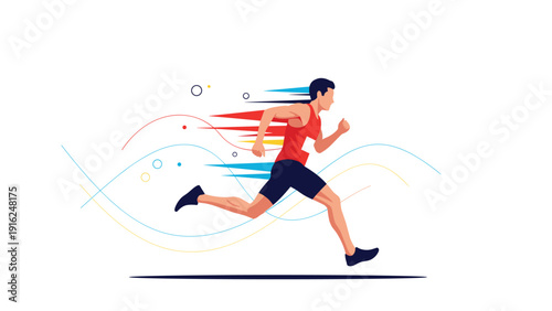 Athlete running in a track and field race with colorful abstract swirls represents high speed, athletic performance, and competitive sports spirit.