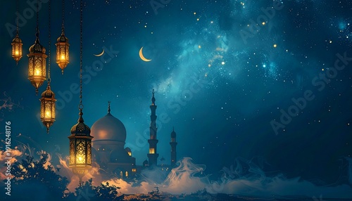 Celebrating Ramadhan under the starry night sky with lanterns, mosque, crescent, clouds, and minarets
