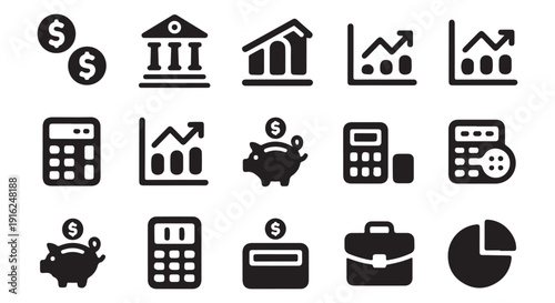 Collection of flat financial icons representing banking, savings, investment, and business operations for finance