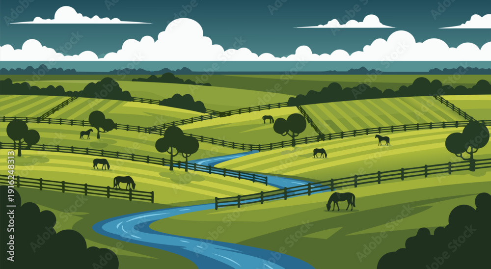 Obraz premium Beautiful rolling green hills with a winding blue river and grazing horses, a serene vector illustration of a rural landscape