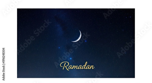 Crescent moon in a deep blue starry night sky with ramadan typography
