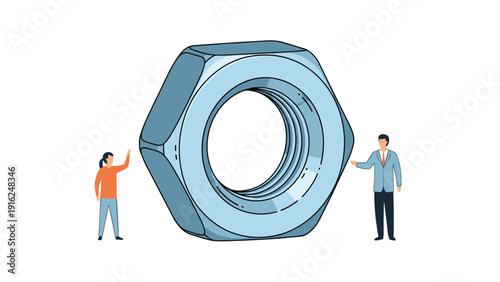 Two small business people standing next to a giant metal hexagonal nut represent industrial engineering, problem solving, and technical teamwork.