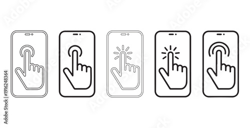 Smartphone touch screen icons set with different tap gestures and outline style for mobile interface