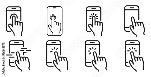Mobile phone screen interaction icons pack featuring hand gestures and touch points in outline style