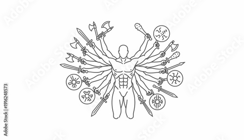 Warrior with Multiple Arms Holding Weapons, Symbolizing Strength and Combat Readiness