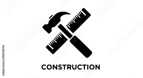 Construction site icon with crossed hammer and ruler symbolizing building and measuring tools
