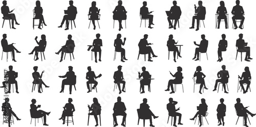 Seated people silhouettes flat vector illustration showing diverse poses, gestures, conversations, interviews, reading, using devices, sitting on chairs