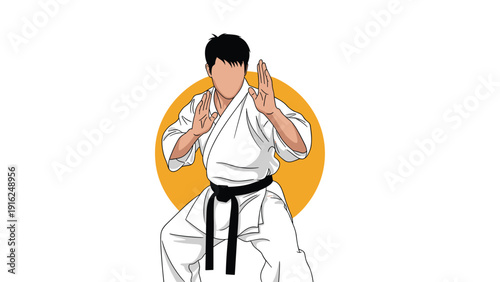 Martial arts student in a traditional white karate uniform and black belt performing a defensive stance for fitness and self defense.