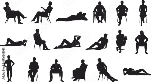 Seated and reclining people silhouettes flat vector illustration showing diverse postures, gestures, casual sitting, formal sitting, human body language