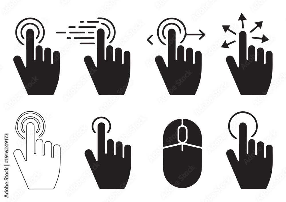 Obraz premium Collection of hand touch icons, cursor icons, and mouse icons with various actions and pointers