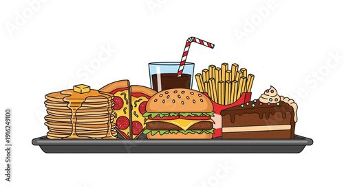 Unhealthy Fast Food Meal Tray: Burger, Fries, Pizza, Pancakes, Cake, Soda