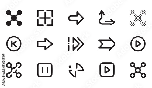 Set of 15 outline and solid arrow vector icons concept with arrows, media controls and shapes