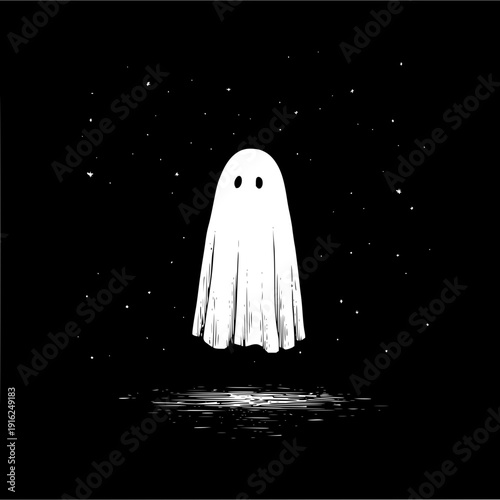 A simple white ghost floats above a dark surface under a starry night sky in black and white style