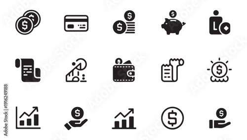 Investment and banking icons including growth charts coins piggy bank wallet and hand holding money