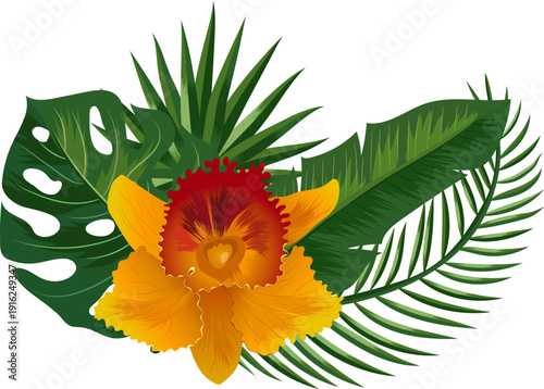 Yellow flower with tropical leaves. Exotic botany bouquet