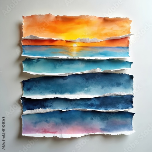 Layered torn paper artworks show sunset ocean colors. Abstract art uses watercolor paint. Horizontal strips display sea sky gradient hues with soft texture and depth.