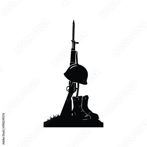 Memorial tribute to fallen soldier with helmet and rifle