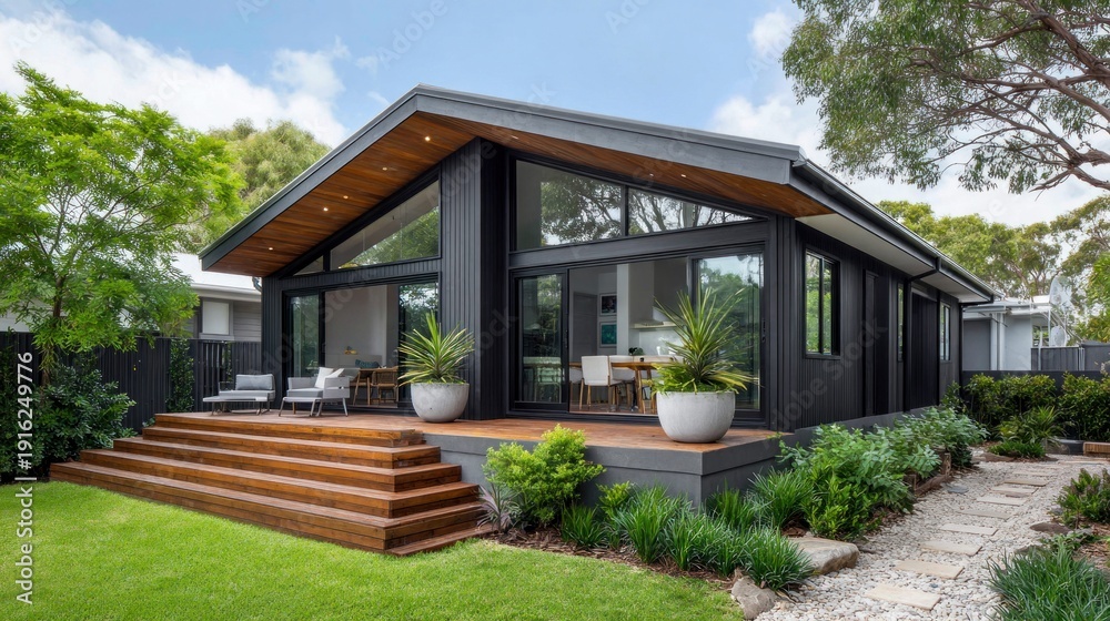 Fototapeta premium Modern black house with wooden deck and large windows in a landscaped yard