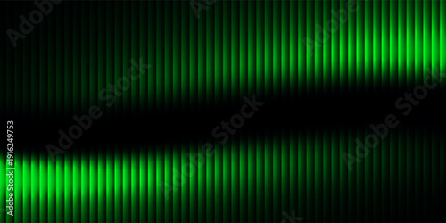 Abstract background featuring numerous vertical corrugated lines illuminated by a dramatic gradient of vibrant neon green light that intensely brightens the left side before smoothly fading into deep