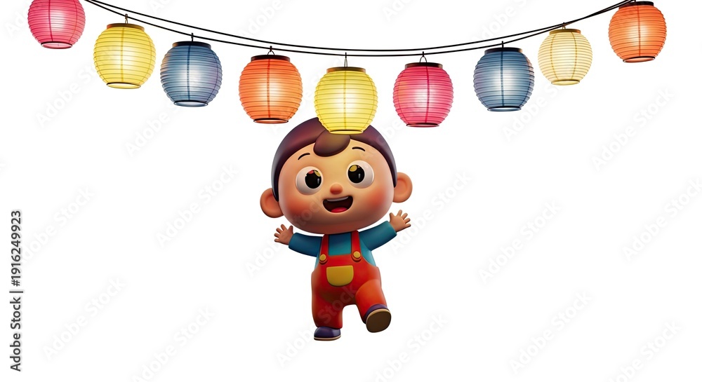 Fototapeta premium Excited toddler jumping under string of colorful lanterns