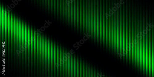 Abstract background featuring numerous vertical corrugated lines illuminated by a dramatic gradient of vibrant neon green light that intensely brightens the left side before smoothly fading into deep