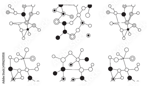 Abstract molecular structure black and white drawing showing connected nodes and varying sizes