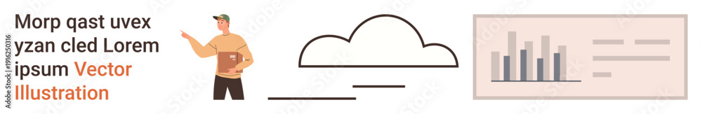 Fototapeta premium Cloud technology, analytics, digital business, remote work, data storage, productivity tools. A person holding a document, a cloud icon and a bar chart key . Cloud technology and analytics concept